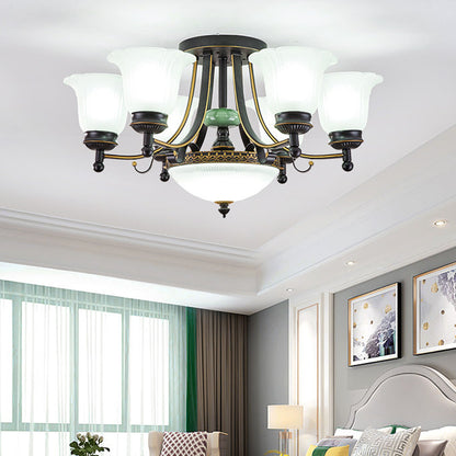 Opal Glass Flower Ceiling Light Fixture Rustic 9/11/13 Lights Living Room Semi Flush Mount Light with Black Arm 9 Black Clearhalo 'Ceiling Lights' 'Close To Ceiling Lights' 'Close to ceiling' 'Glass shade' 'Glass' 'Island Lights' 'Semi-flushmount' Lighting' 227457