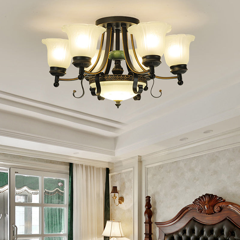 Opal Glass Flower Ceiling Light Fixture Rustic 9/11/13 Lights Living Room Semi Flush Mount Light with Black Arm Clearhalo 'Ceiling Lights' 'Close To Ceiling Lights' 'Close to ceiling' 'Glass shade' 'Glass' 'Island Lights' 'Semi-flushmount' Lighting' 227458