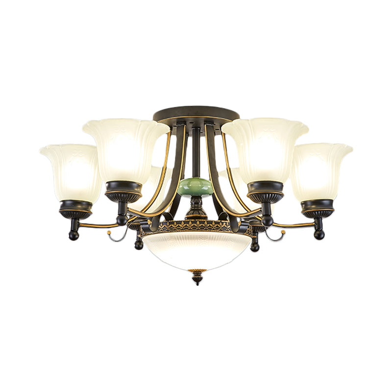 Opal Glass Flower Ceiling Light Fixture Rustic 9/11/13 Lights Living Room Semi Flush Mount Light with Black Arm Clearhalo 'Ceiling Lights' 'Close To Ceiling Lights' 'Close to ceiling' 'Glass shade' 'Glass' 'Island Lights' 'Semi-flushmount' Lighting' 227459