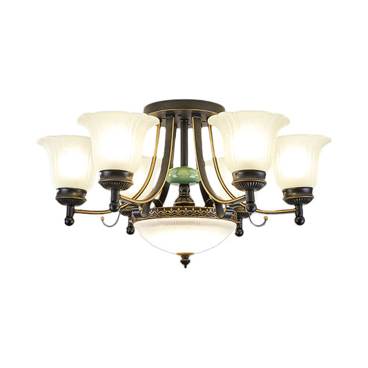 Opal Glass Flower Ceiling Light Fixture Rustic 9/11/13 Lights Living Room Semi Flush Mount Light with Black Arm Clearhalo 'Ceiling Lights' 'Close To Ceiling Lights' 'Close to ceiling' 'Glass shade' 'Glass' 'Island Lights' 'Semi-flushmount' Lighting' 227459