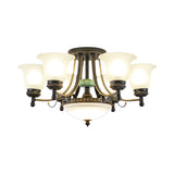 Opal Glass Flower Ceiling Light Fixture Rustic 9/11/13 Lights Living Room Semi Flush Mount Light with Black Arm Clearhalo 'Ceiling Lights' 'Close To Ceiling Lights' 'Close to ceiling' 'Glass shade' 'Glass' 'Island Lights' 'Semi-flushmount' Lighting' 227459