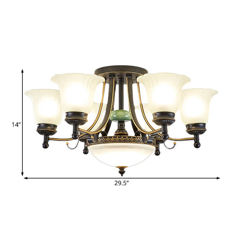 Opal Glass Flower Ceiling Light Fixture Rustic 9/11/13 Lights Living Room Semi Flush Mount Light with Black Arm Clearhalo 'Ceiling Lights' 'Close To Ceiling Lights' 'Close to ceiling' 'Glass shade' 'Glass' 'Island Lights' 'Semi-flushmount' Lighting' 227460