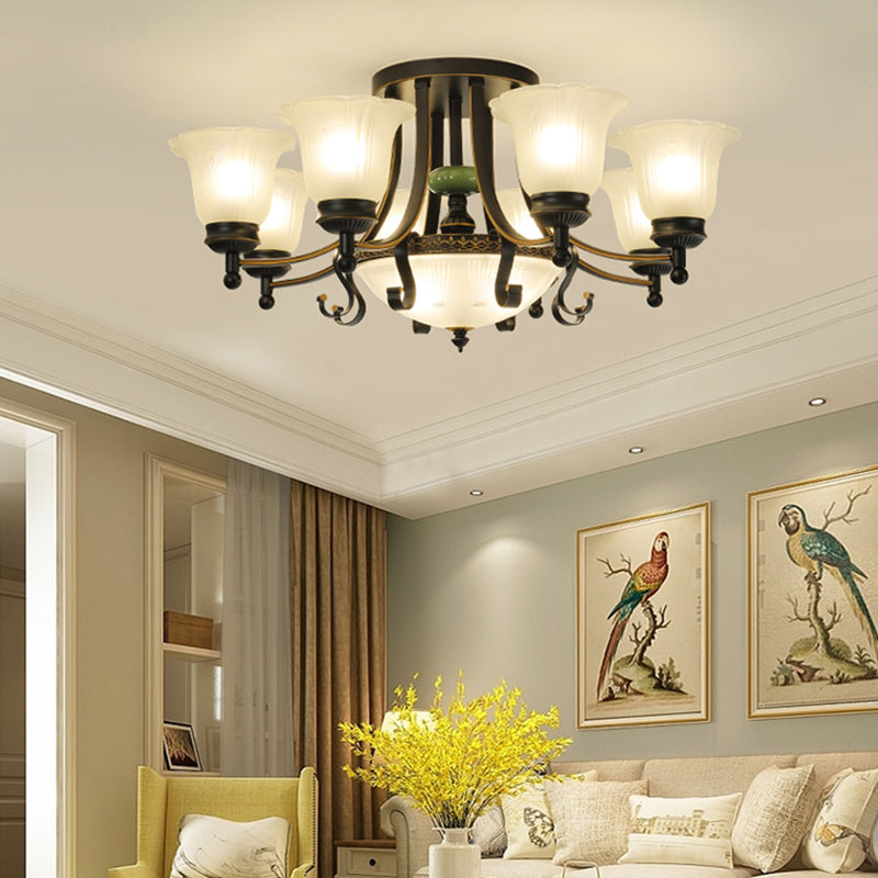 Opal Glass Flower Ceiling Light Fixture Rustic 9/11/13 Lights Living Room Semi Flush Mount Light with Black Arm Clearhalo 'Ceiling Lights' 'Close To Ceiling Lights' 'Close to ceiling' 'Glass shade' 'Glass' 'Island Lights' 'Semi-flushmount' Lighting' 227462