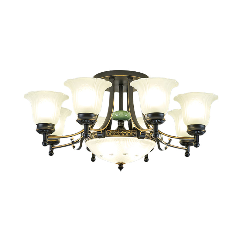 Opal Glass Flower Ceiling Light Fixture Rustic 9/11/13 Lights Living Room Semi Flush Mount Light with Black Arm Clearhalo 'Ceiling Lights' 'Close To Ceiling Lights' 'Close to ceiling' 'Glass shade' 'Glass' 'Island Lights' 'Semi-flushmount' Lighting' 227463