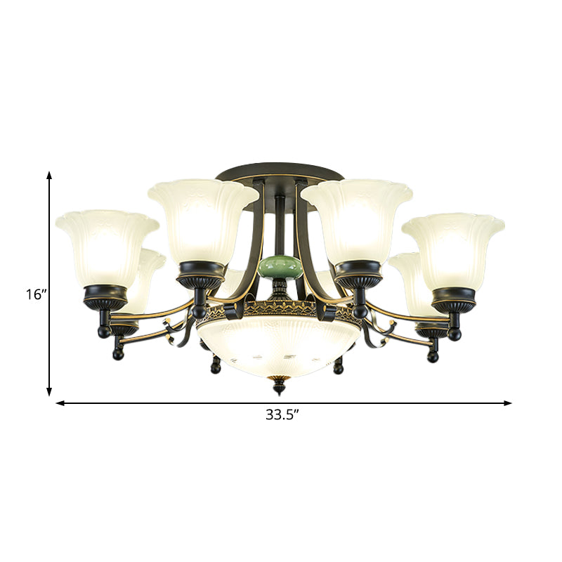 Opal Glass Flower Ceiling Light Fixture Rustic 9/11/13 Lights Living Room Semi Flush Mount Light with Black Arm Clearhalo 'Ceiling Lights' 'Close To Ceiling Lights' 'Close to ceiling' 'Glass shade' 'Glass' 'Island Lights' 'Semi-flushmount' Lighting' 227464