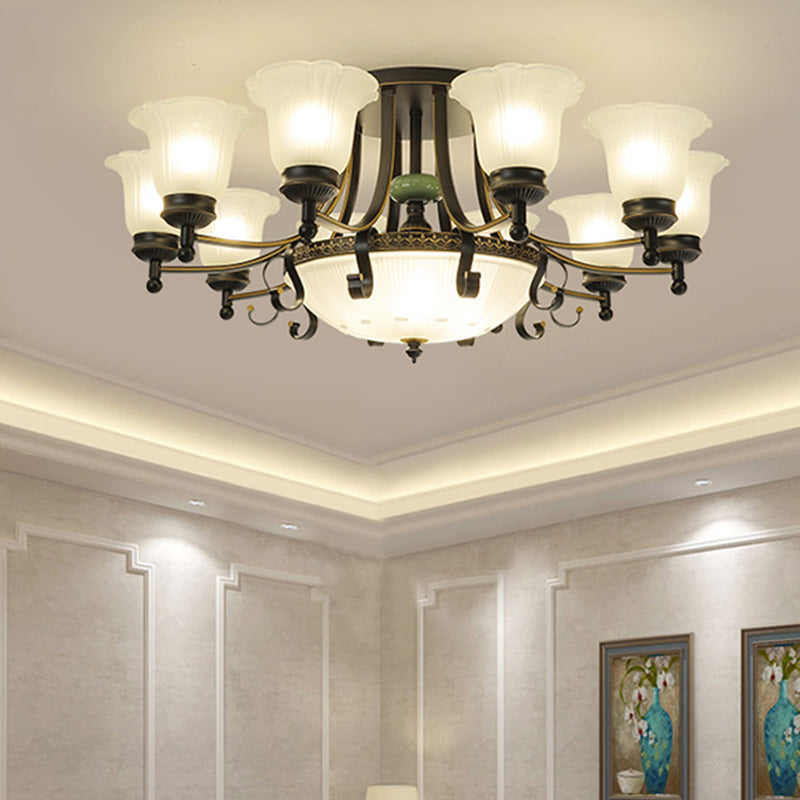 Opal Glass Flower Ceiling Light Fixture Rustic 9/11/13 Lights Living Room Semi Flush Mount Light with Black Arm 13 Black Clearhalo 'Ceiling Lights' 'Close To Ceiling Lights' 'Close to ceiling' 'Glass shade' 'Glass' 'Island Lights' 'Semi-flushmount' Lighting' 227465