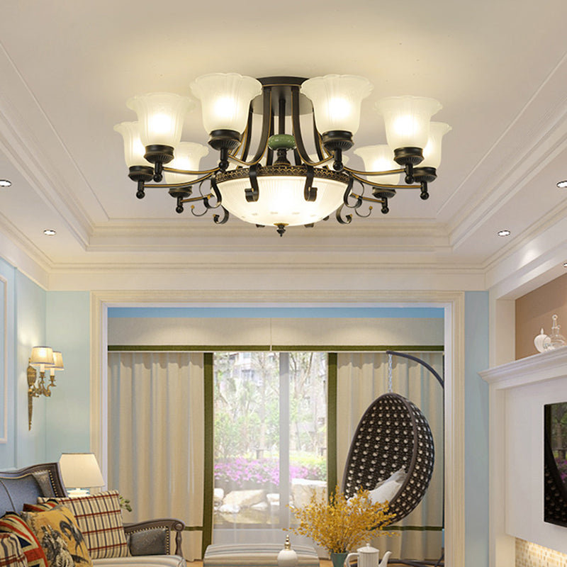 Opal Glass Flower Ceiling Light Fixture Rustic 9/11/13 Lights Living Room Semi Flush Mount Light with Black Arm Clearhalo 'Ceiling Lights' 'Close To Ceiling Lights' 'Close to ceiling' 'Glass shade' 'Glass' 'Island Lights' 'Semi-flushmount' Lighting' 227466