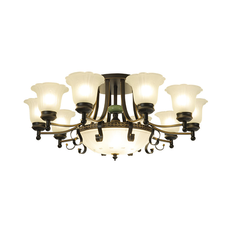 Opal Glass Flower Ceiling Light Fixture Rustic 9/11/13 Lights Living Room Semi Flush Mount Light with Black Arm Clearhalo 'Ceiling Lights' 'Close To Ceiling Lights' 'Close to ceiling' 'Glass shade' 'Glass' 'Island Lights' 'Semi-flushmount' Lighting' 227467