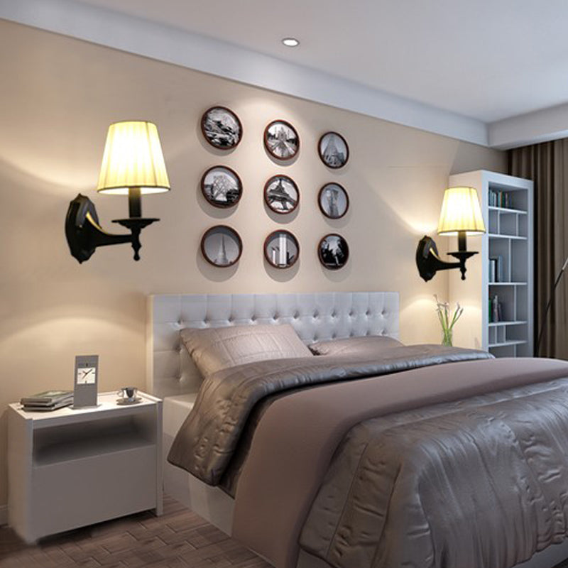 Tapered Bedroom Sconce Light Fixture Rustic Fabric 1/2 Lights Flaxen/White Wall Mounted Light 1.0 White Clearhalo 'Wall Lamps & Sconces' 'Wall Lights' Lighting' 227500