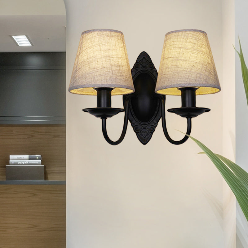 Tapered Bedroom Sconce Light Fixture Rustic Fabric 1/2 Lights Flaxen/White Wall Mounted Light 2.0 Flaxen Clearhalo 'Wall Lamps & Sconces' 'Wall Lights' Lighting' 227510