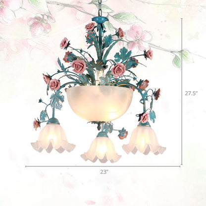 Ceramic Potted Flower Chandelier Pastoral Living Room Suspension Light with Bowl Opal Glass Shade 7 Blue Clearhalo 'Ceiling Lights' 'Chandeliers' 'Close To Ceiling Lights' 'Glass shade' 'Glass' Lighting' 2275192