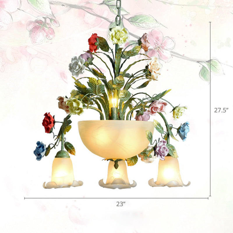 Ceramic Potted Flower Chandelier Pastoral Living Room Suspension Light with Bowl Opal Glass Shade 7 Green Clearhalo 'Ceiling Lights' 'Chandeliers' 'Close To Ceiling Lights' 'Glass shade' 'Glass' Lighting' 2275193