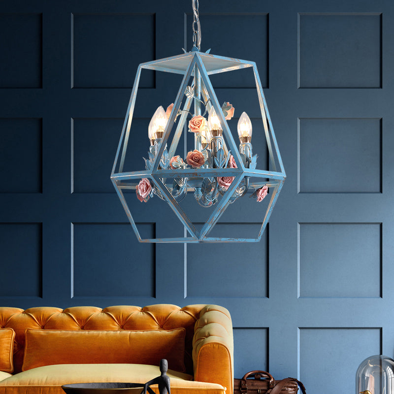 5-Light Cage Chandelier Pendant Light American Garden Blue Metal Hanging Lamp with Flower Deco Clearhalo 'Ceiling Lights' 'Chandeliers' Lighting' options 2275200