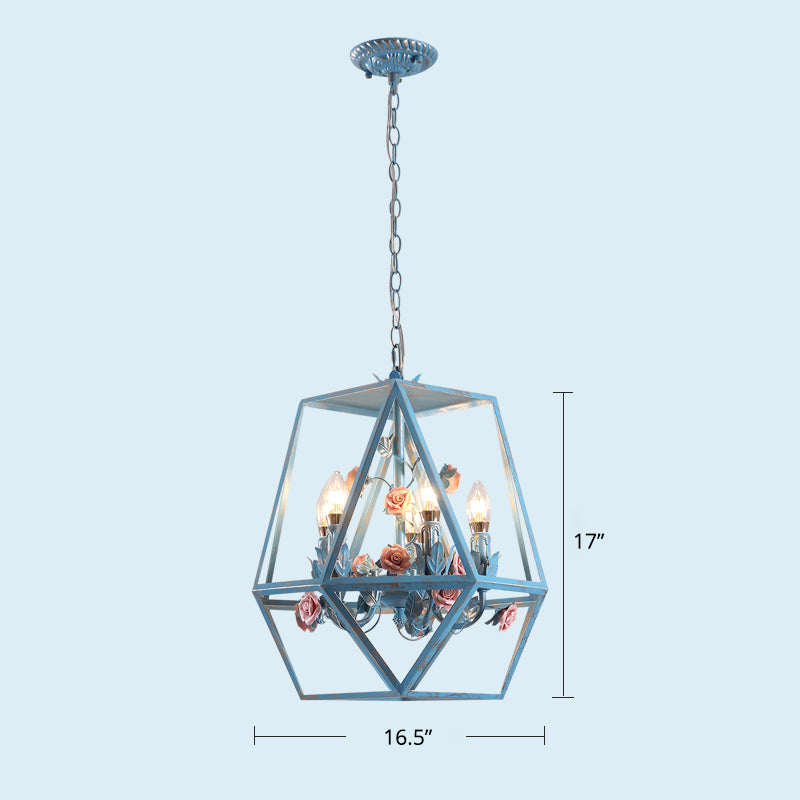 5-Light Cage Chandelier Pendant Light American Garden Blue Metal Hanging Lamp with Flower Deco Clearhalo 'Ceiling Lights' 'Chandeliers' Lighting' options 2275201