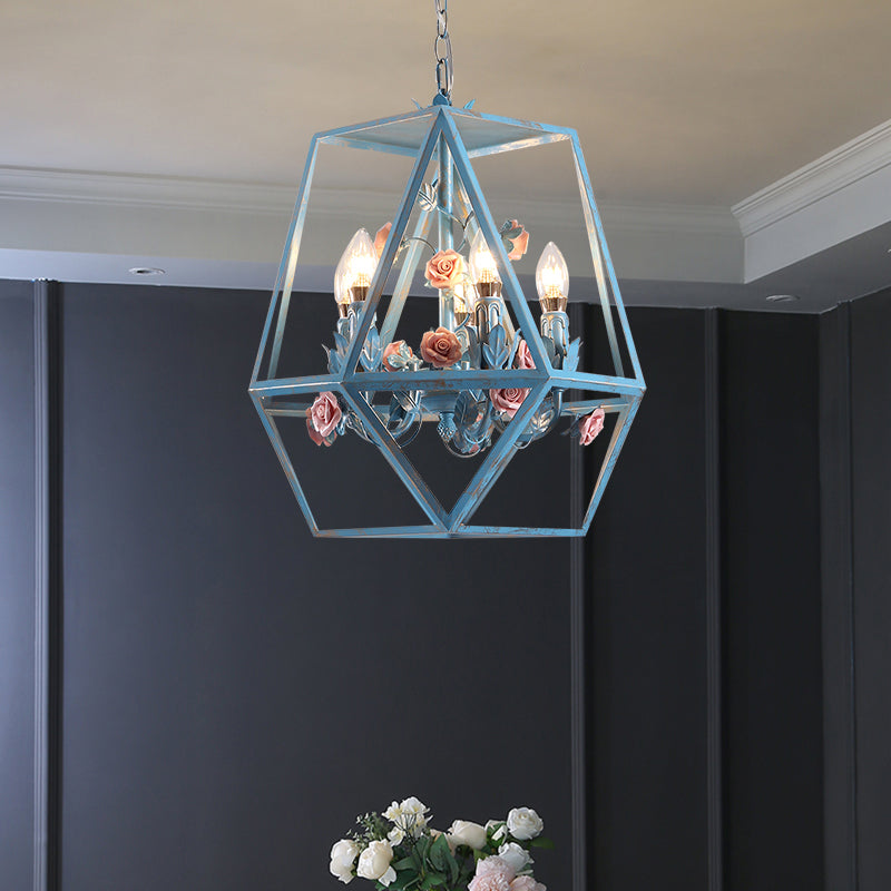 5-Light Cage Chandelier Pendant Light American Garden Blue Metal Hanging Lamp with Flower Deco Clearhalo 'Ceiling Lights' 'Chandeliers' Lighting' options 2275202