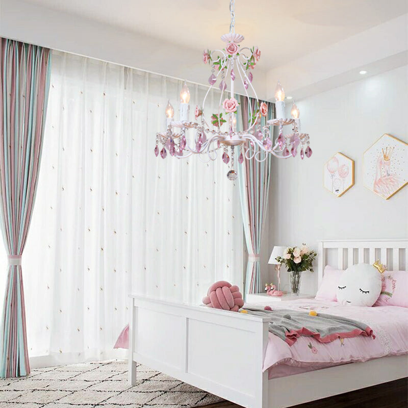 White Candlestick Chandelier Romantic Pastoral Iron Bedroom Ceiling Light with Pink Rose and Crystal Accent Clearhalo 'Ceiling Lights' 'Chandeliers' Lighting' options 2275206