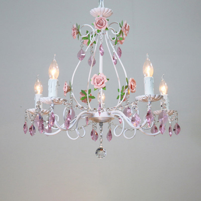 White Candlestick Chandelier Romantic Pastoral Iron Bedroom Ceiling Light with Pink Rose and Crystal Accent 5 White Clearhalo 'Ceiling Lights' 'Chandeliers' Lighting' options 2275207_35c35506-31de-4013-8da0-84f748140794