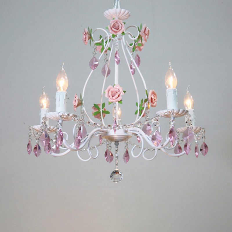 White Candlestick Chandelier Romantic Pastoral Iron Bedroom Ceiling Light with Pink Rose and Crystal Accent 6 White Clearhalo 'Ceiling Lights' 'Chandeliers' Lighting' options 2275208_a3a21ab3-ff39-411c-ab11-2eb4ecf25c26