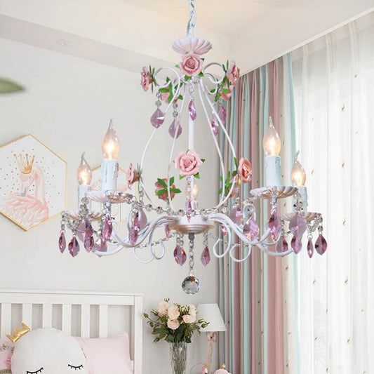 White Candlestick Chandelier Romantic Pastoral Iron Bedroom Ceiling Light with Pink Rose and Crystal Accent Clearhalo 'Ceiling Lights' 'Chandeliers' Lighting' options 2275209