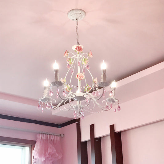 White Candlestick Chandelier Romantic Pastoral Iron Bedroom Ceiling Light with Pink Rose and Crystal Accent Clearhalo 'Ceiling Lights' 'Chandeliers' Lighting' options 2275210