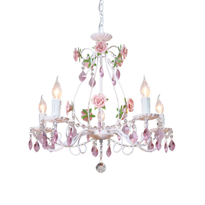 White Candlestick Chandelier Romantic Pastoral Iron Bedroom Ceiling Light with Pink Rose and Crystal Accent Clearhalo 'Ceiling Lights' 'Chandeliers' Lighting' options 2275211