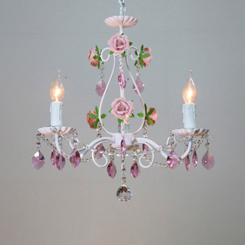 White Candlestick Chandelier Romantic Pastoral Iron Bedroom Ceiling Light with Pink Rose and Crystal Accent 3 White Clearhalo 'Ceiling Lights' 'Chandeliers' Lighting' options 2275212_1fce54c3-f08c-44ee-9054-4d6fd8d0f639