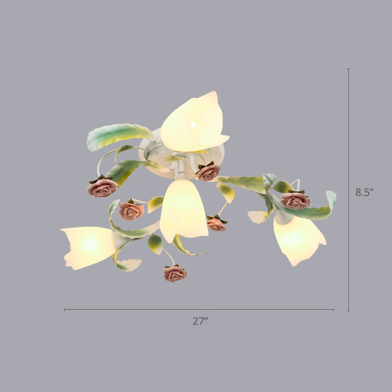 Floral Bedroom Ceiling Mount Chandelier Pastoral Frost Glass White Semi Flush Mount Lighting 4 White Clearhalo 'Ceiling Lights' 'Close To Ceiling Lights' 'Close to ceiling' 'Glass shade' 'Glass' 'Semi-flushmount' Lighting' 2275233