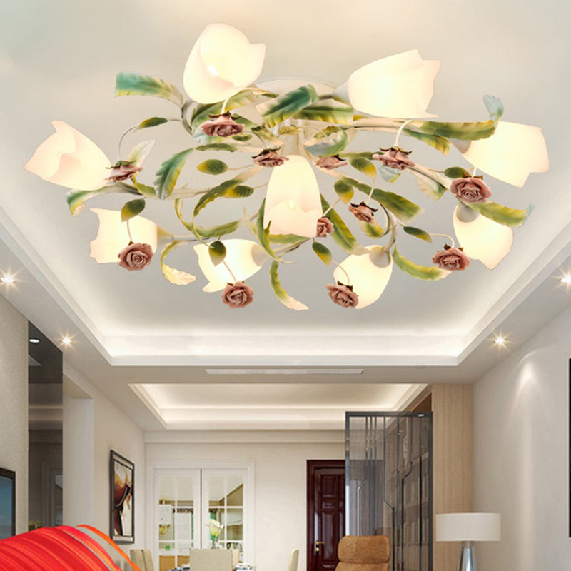 Floral Bedroom Ceiling Mount Chandelier Pastoral Frost Glass White Semi Flush Mount Lighting Clearhalo 'Ceiling Lights' 'Close To Ceiling Lights' 'Close to ceiling' 'Glass shade' 'Glass' 'Semi-flushmount' Lighting' 2275235