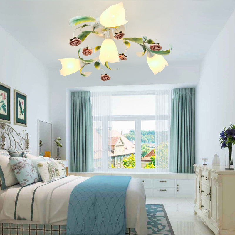 Floral Bedroom Ceiling Mount Chandelier Pastoral Frost Glass White Semi Flush Mount Lighting Clearhalo 'Ceiling Lights' 'Close To Ceiling Lights' 'Close to ceiling' 'Glass shade' 'Glass' 'Semi-flushmount' Lighting' 2275237