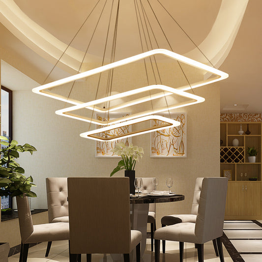 Rectangular Layered Chandelier Pendant Light Contemporary Metallic Living Room LED Hanging Light in White 3 White Clearhalo 'Ceiling Lights' 'Chandeliers' 'Modern Chandeliers' 'Modern' Lighting' 2275402