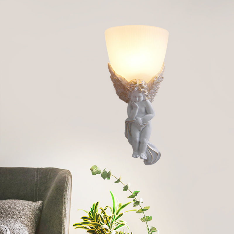 Bowl Frosted Glass Wall Light Fixture Vintage 1 Light Living Room with White/Gold Angel toward Right/Left White Right Clearhalo 'Wall Lamps & Sconces' 'Wall Lights' Lighting' 227543