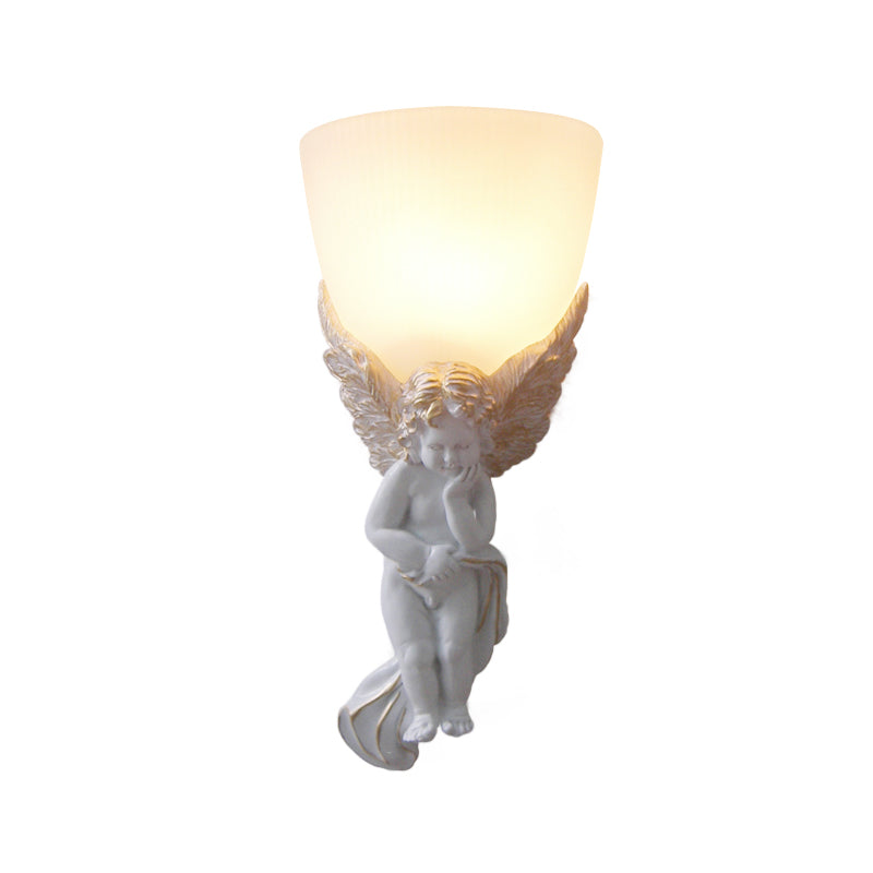 Bowl Frosted Glass Wall Light Fixture Vintage 1 Light Living Room with White/Gold Angel toward Right/Left Clearhalo 'Wall Lamps & Sconces' 'Wall Lights' Lighting' 227548