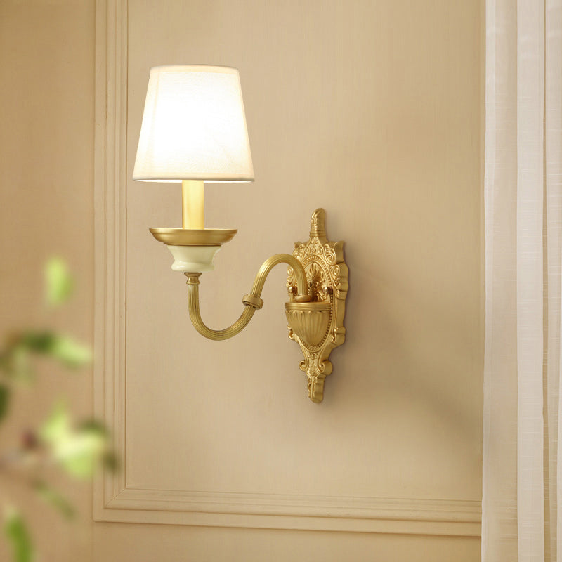 Minimalist Tapered Wall Light Sconce Fabric Wall Mounted Light in White and Brass Clearhalo 'Wall Lamps & Sconces' 'Wall Lights' Lighting' 2275529