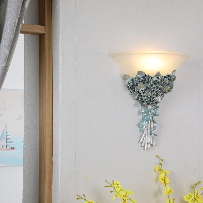 Flared Corridor Light Wall Light Fixture Vintage Amber/White Glass 1 Light Blue/Gold Flower Sconce Light Blue Clearhalo 'Wall Lamps & Sconces' 'Wall Lights' Lighting' 227553