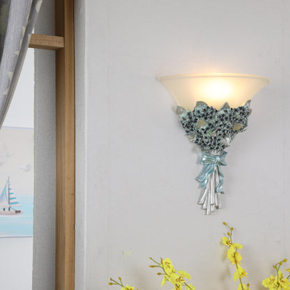 Flared Corridor Light Wall Light Fixture Vintage Amber/White Glass 1 Light Blue/Gold Flower Sconce Light Blue Clearhalo 'Wall Lamps & Sconces' 'Wall Lights' Lighting' 227553