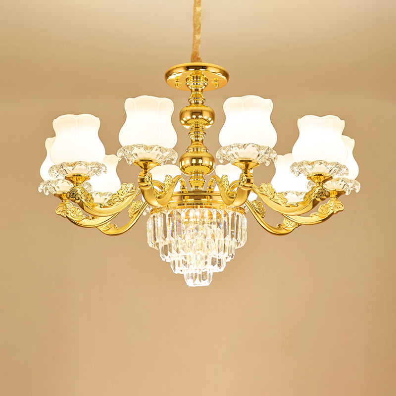 Flower Restaurant Hanging Light Fixture Traditional Opal Glass Gold Chandelier with Crystal Deco 10 Gold Clearhalo 'Ceiling Lights' 'Chandeliers' Lighting' options 2275554_6d45f7a5-8623-4c19-a8af-80cc35fa70c6
