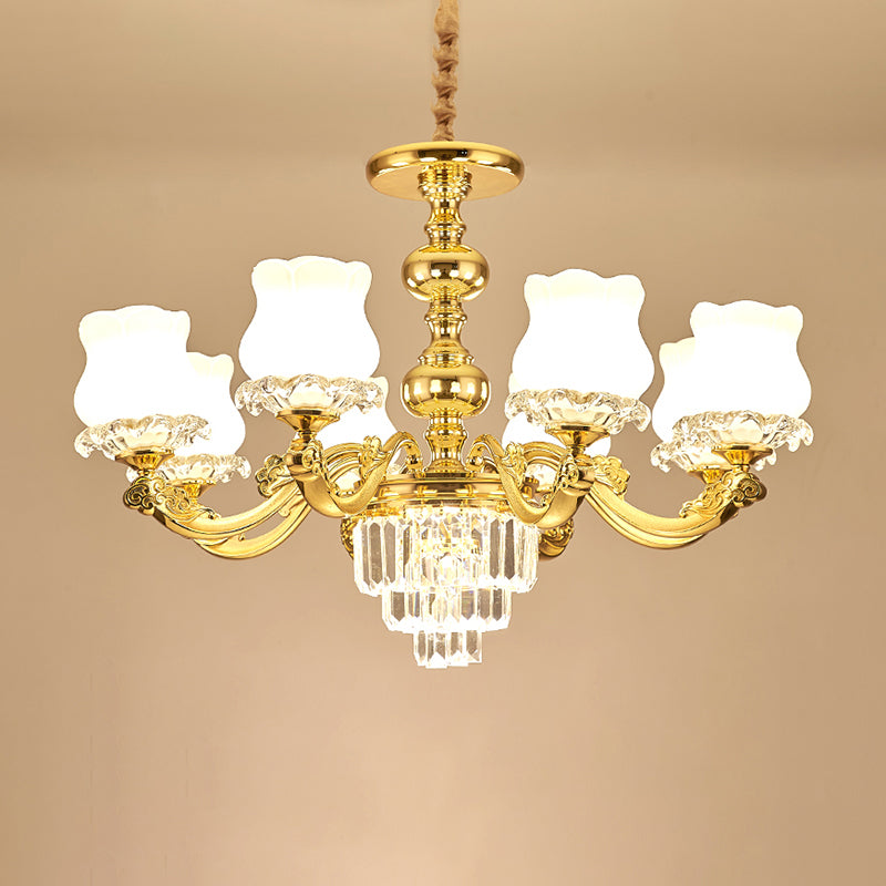Flower Restaurant Hanging Light Fixture Traditional Opal Glass Gold Chandelier with Crystal Deco 8 Gold Clearhalo 'Ceiling Lights' 'Chandeliers' Lighting' options 2275557_ef6f4d9f-c56a-4edf-9856-bd8edee0d19e