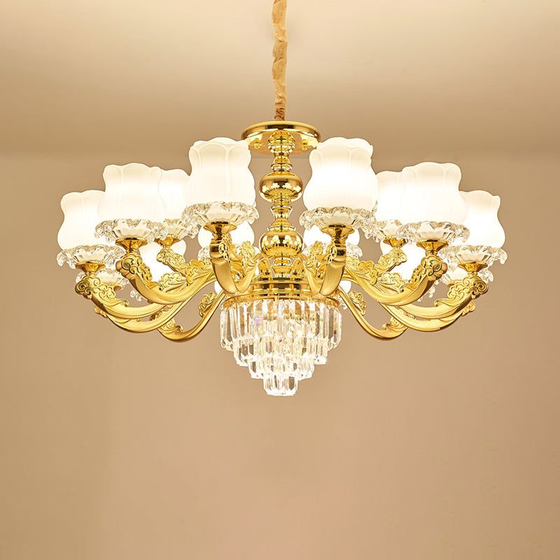 Flower Restaurant Hanging Light Fixture Traditional Opal Glass Gold Chandelier with Crystal Deco 18 Gold Clearhalo 'Ceiling Lights' 'Chandeliers' Lighting' options 2275558_40a20f90-2169-438d-aad7-e078bba65838