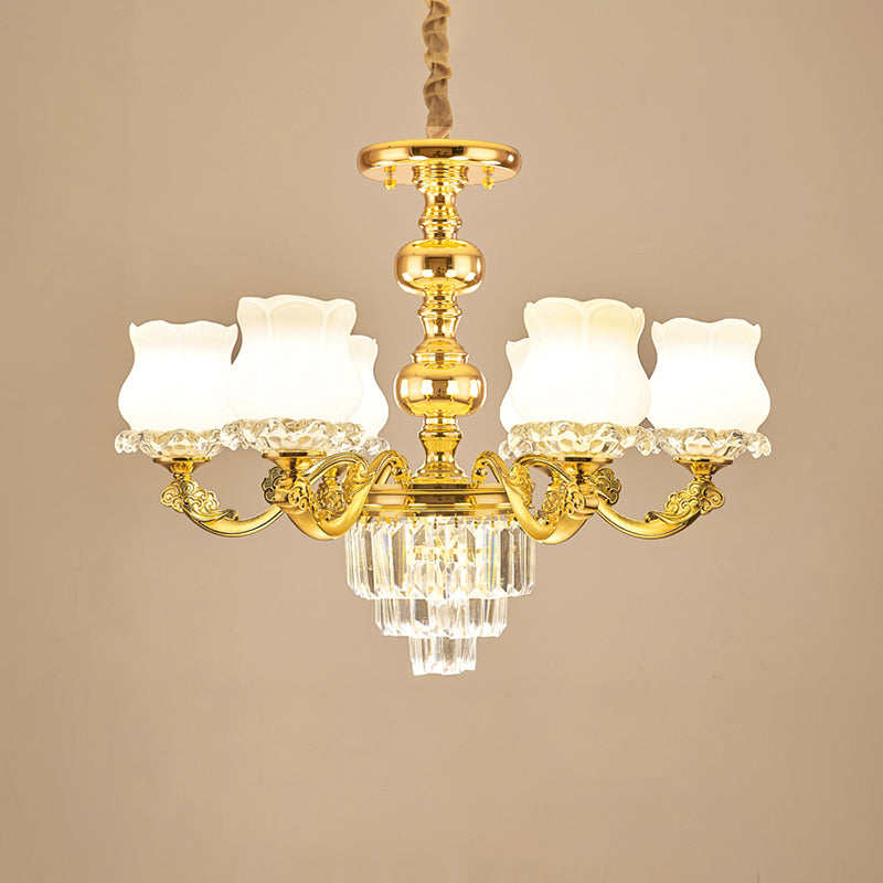 Flower Restaurant Hanging Light Fixture Traditional Opal Glass Gold Chandelier with Crystal Deco Clearhalo 'Ceiling Lights' 'Chandeliers' Lighting' options 2275560