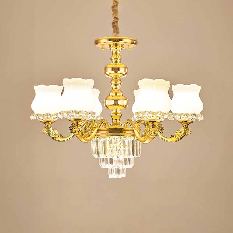 Flower Restaurant Hanging Light Fixture Traditional Opal Glass Gold Chandelier with Crystal Deco 6 Gold Clearhalo 'Ceiling Lights' 'Chandeliers' Lighting' options 2275560_7f548c8e-04b1-4d58-b44c-96a6a83802a4