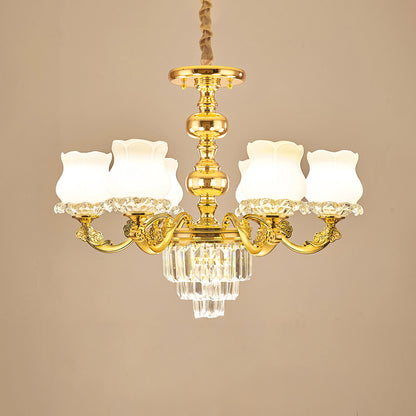 Flower Restaurant Hanging Light Fixture Traditional Opal Glass Gold Chandelier with Crystal Deco 6 Gold Clearhalo 'Ceiling Lights' 'Chandeliers' Lighting' options 2275560_7f548c8e-04b1-4d58-b44c-96a6a83802a4