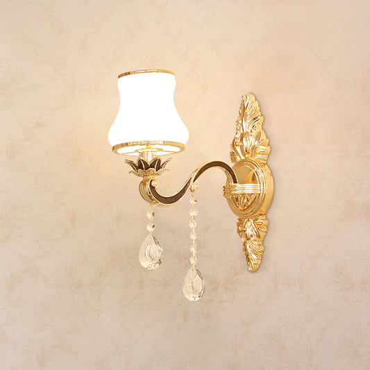 Wall Lighting Sconce Classic Carved Arm Metal Wall Mount Light with White Glass Shade 1.0 White C Clearhalo 'Wall Lamps & Sconces' 'Wall Lights' Lighting' 2275561
