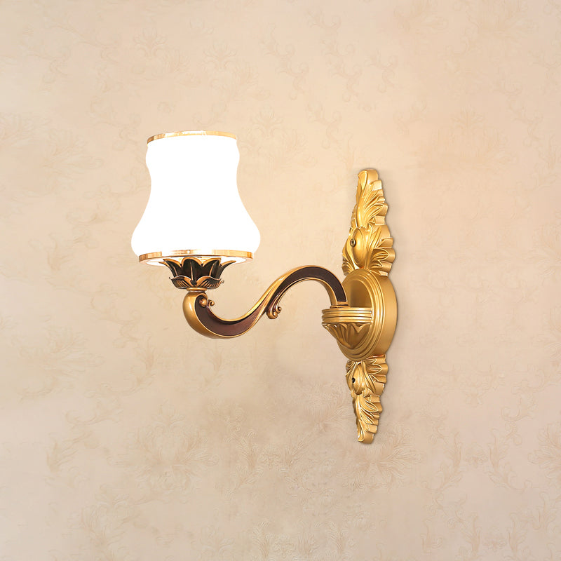 Wall Lighting Sconce Classic Carved Arm Metal Wall Mount Light with White Glass Shade 1.0 White A Clearhalo 'Wall Lamps & Sconces' 'Wall Lights' Lighting' 2275563