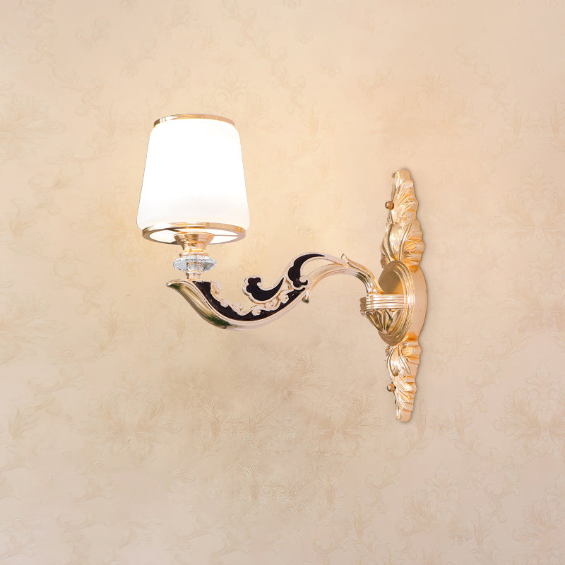Wall Lighting Sconce Classic Carved Arm Metal Wall Mount Light with White Glass Shade 1.0 White B Clearhalo 'Wall Lamps & Sconces' 'Wall Lights' Lighting' 2275567
