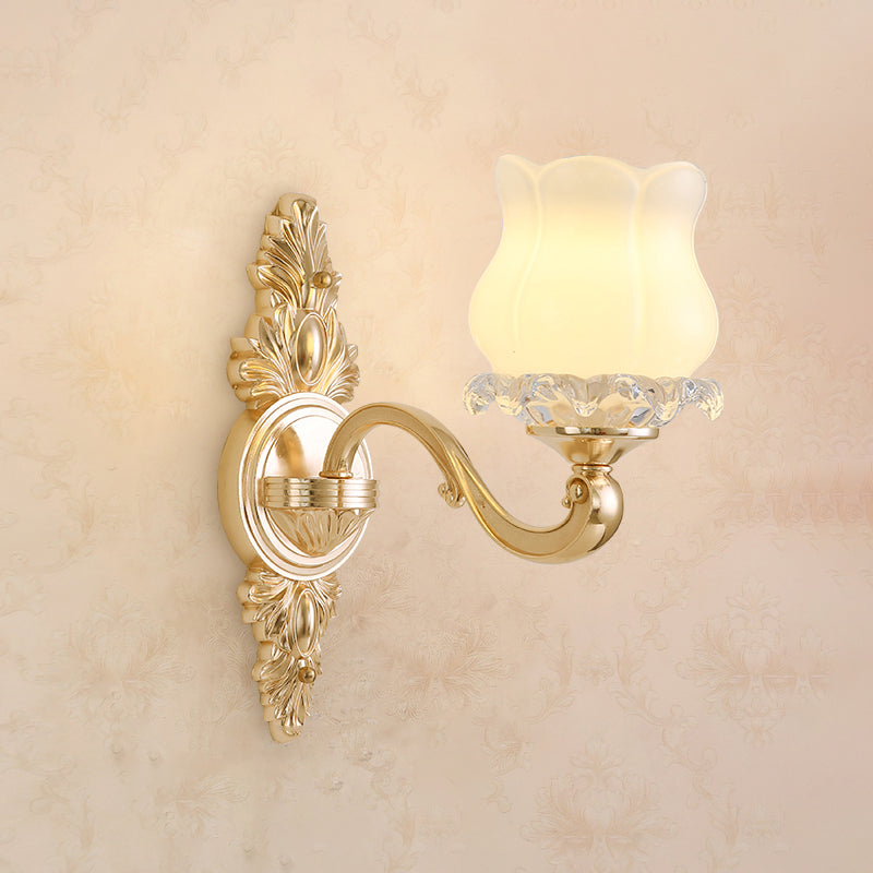 Wall Lighting Sconce Classic Carved Arm Metal Wall Mount Light with White Glass Shade 1.0 White E Clearhalo 'Wall Lamps & Sconces' 'Wall Lights' Lighting' 2275571