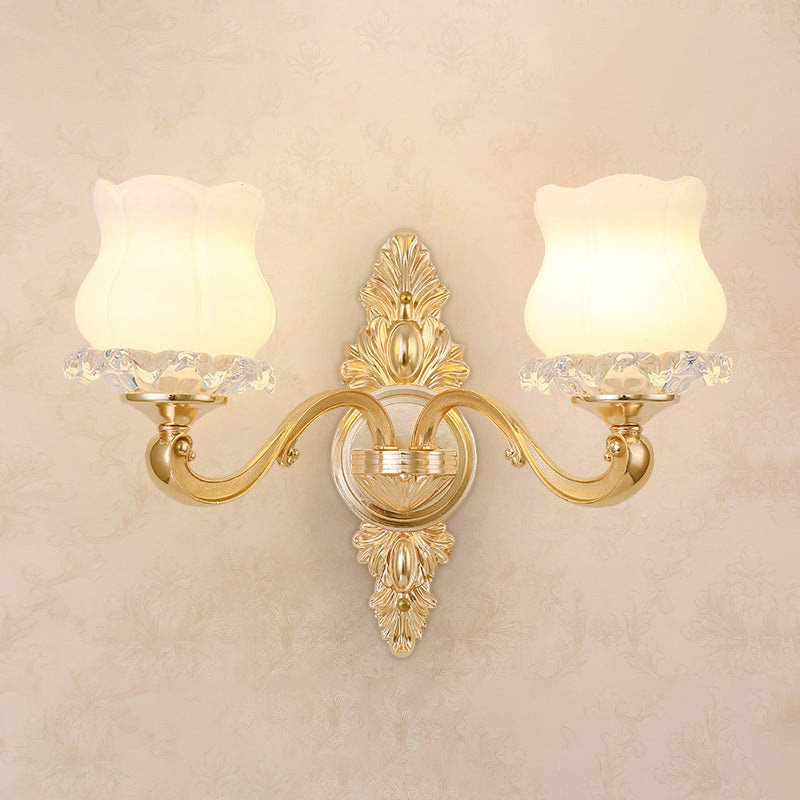 Wall Lighting Sconce Classic Carved Arm Metal Wall Mount Light with White Glass Shade 2.0 White E Clearhalo 'Wall Lamps & Sconces' 'Wall Lights' Lighting' 2275572