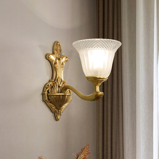 Brass Finish Wall Mount Light Traditional White Rib Glass Bell Wall Sconce Lighting Clearhalo 'Wall Lamps & Sconces' 'Wall Lights' Lighting' 2275574