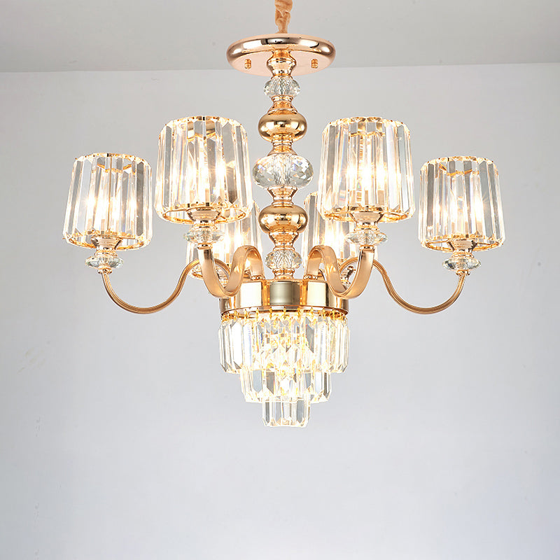 Crystal Block Chandelier Lighting Transitional Rose Gold Cylinder Parlor Pendant Light 6 Gold Clearhalo 'Ceiling Lights' 'Chandeliers' Lighting' options 2275591_5fce9859-1bc2-43ab-a215-bb0948fdc332