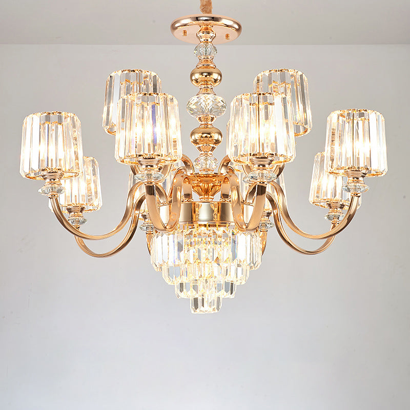 Crystal Block Chandelier Lighting Transitional Rose Gold Cylinder Parlor Pendant Light 12 Gold Clearhalo 'Ceiling Lights' 'Chandeliers' Lighting' options 2275595_a8df21e3-2b09-436e-96fe-3701b0ce992b
