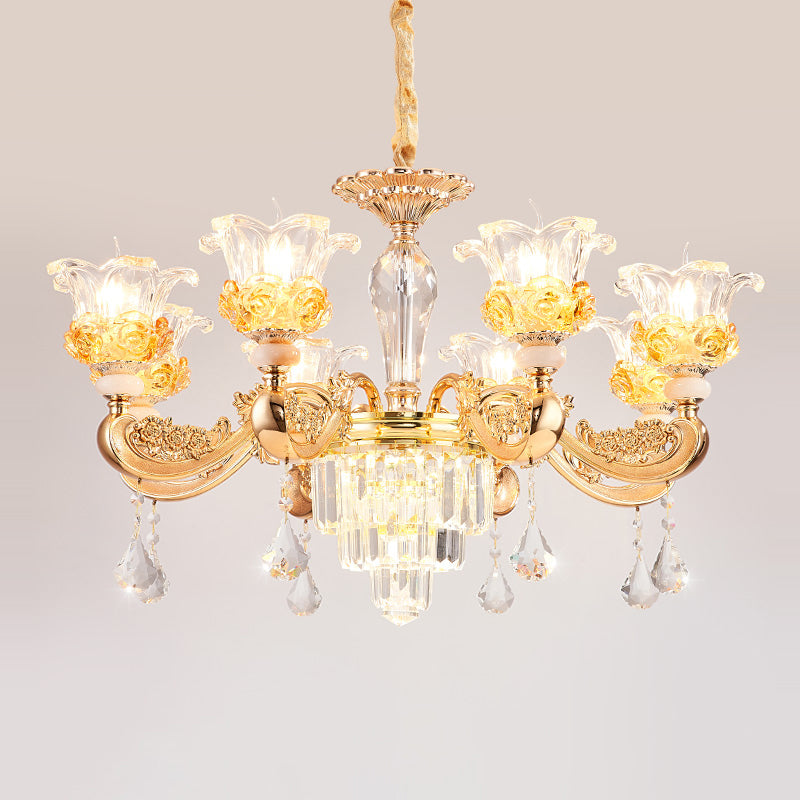 Blossom Crystal Glass Chandelier Antique Style Bedroom Ceiling Hang Light in Gold 8 Gold Clearhalo 'Ceiling Lights' 'Chandeliers' Lighting' options 2275599_d330243b-752c-4d68-a3af-4e8f39764a50